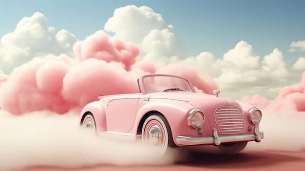 a pink car with a cloud of smoke