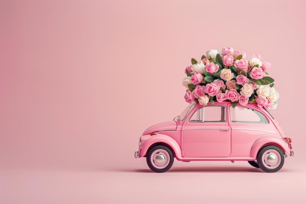 Photo pink car with flowers on the roof