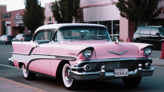 A pink car with the license plate that says'ford'on it