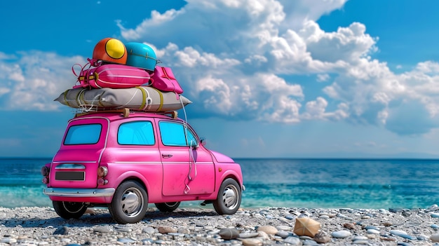 Photo a pink car with luggage on top of it is parked on a rocky beach