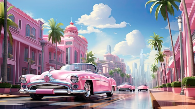 a pink car with palm trees on the top of it