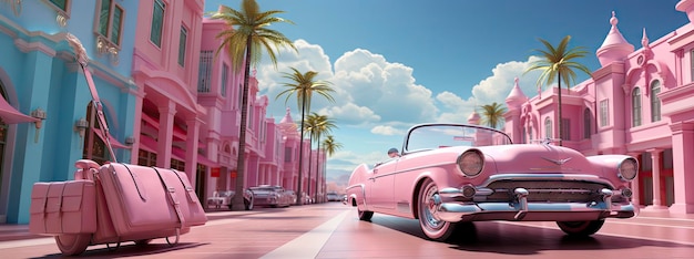 pink car with a pink building in the background