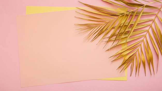 Pink card space for text in frame made of golden palm leaf tropical palm leave on pink background