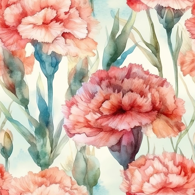 Pink carnations on a blue background. watercolor painting. seamless pattern.