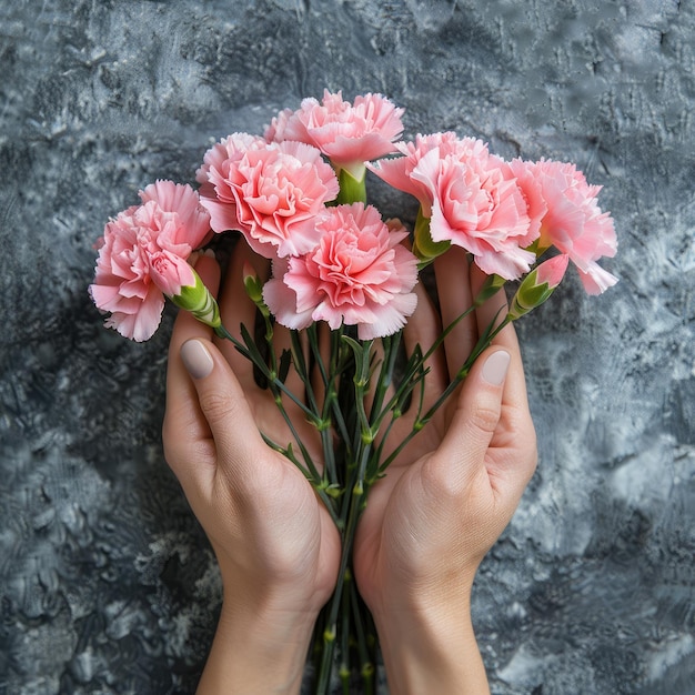 Photo pink carnations held in hands against a grey background