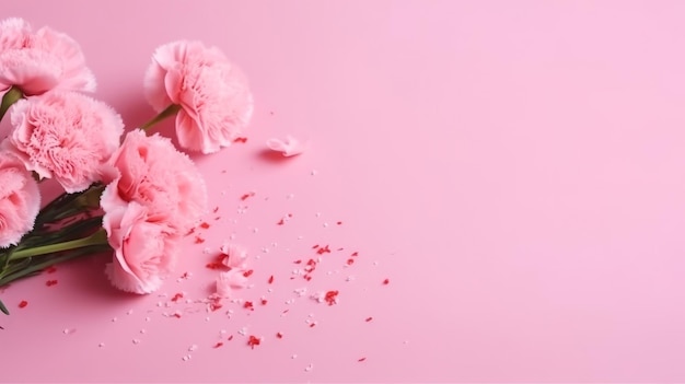 Pink carnations on pink background with confetti