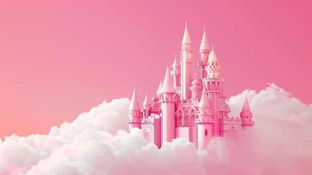 Photo pink castle in the clouds with a pink sky