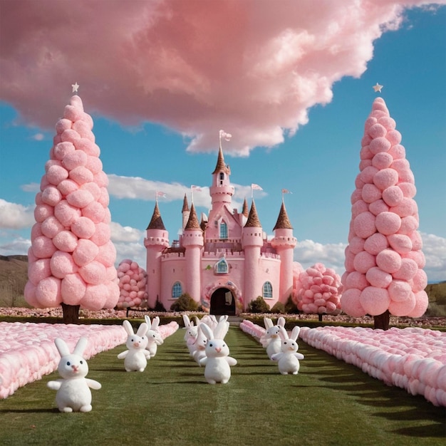 Photo a pink castle with pink bunny ears and a pink castle with a pink bunny shaped roof