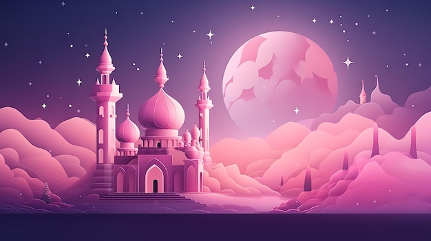 a pink castle with a pink moon and a purple moon in the background