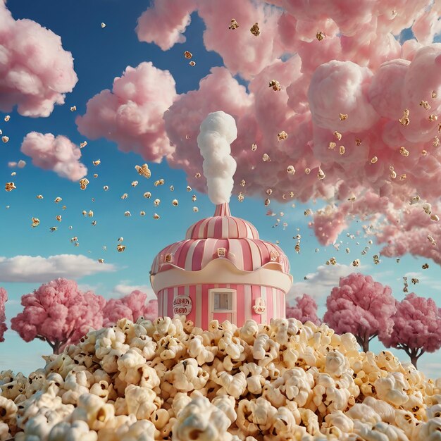 Photo a pink castle with popcorn and a pink house with the words popcorn on the top ai generated