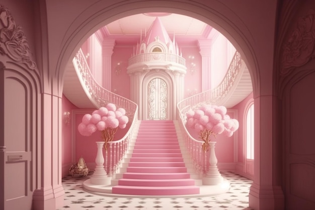 A pink castle with a staircase and a pink castle on the bottom.