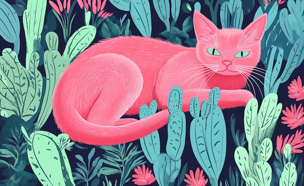 Photo a pink cat is laying on a colorful background with the words quot cat quot