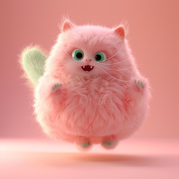 a pink cat with green eyes and a green eye