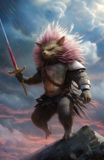 A pink cat with a sword in his hand