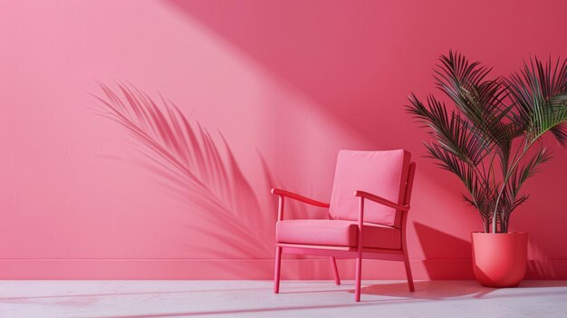 Photo a pink chair against a pink wall with a plant in the corner