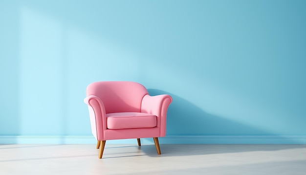 Photo a pink chair sits against a blue wall with a wooden base