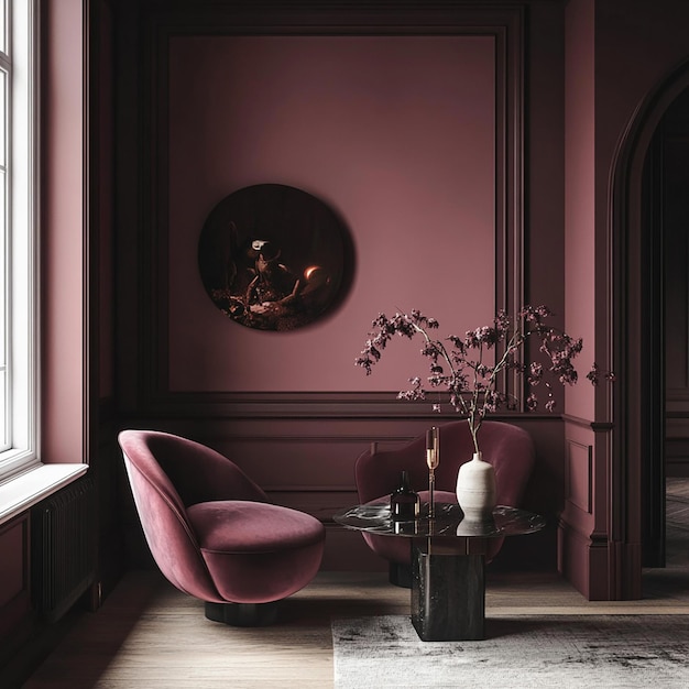 Photo a pink chair sits in front of a window with a pink chair and a vase with flowers