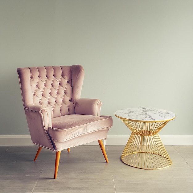 a pink chair and a table in a room with a wall painted gray