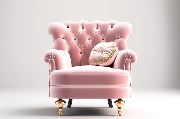 A pink chair with a gold pillow on it