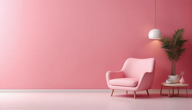 a pink chair with a lamp on the wall and a lamp on the floor