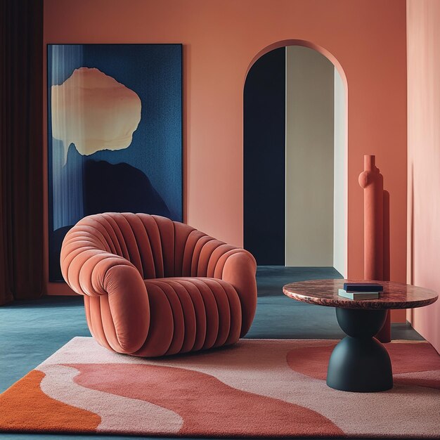 Photo a pink chair with a pink cushion sits in a room with a painting on the wall