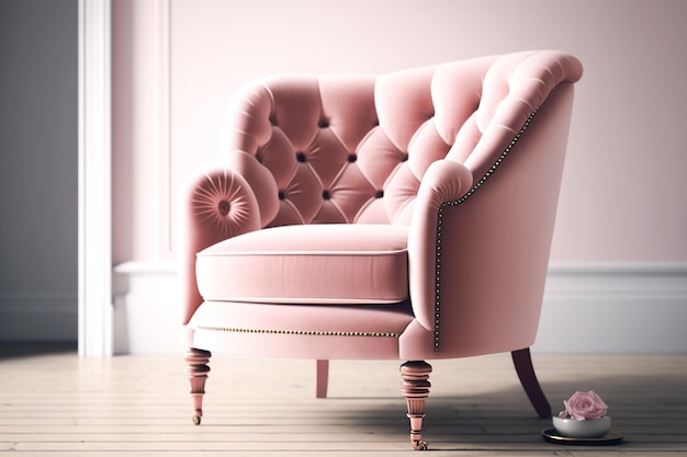 A pink chair with a pink velvet upholstery sits in a room with a pink wall behind it.