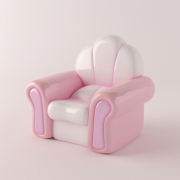 a pink chair with a white arm rests on the floor