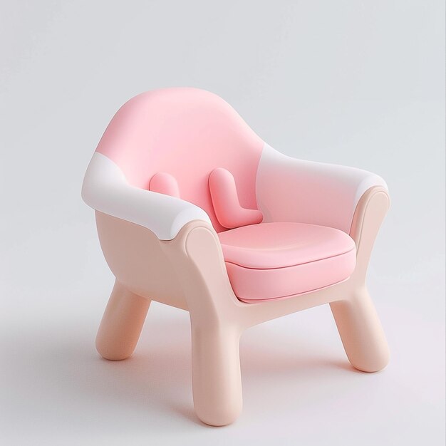 a pink chair with a white arm rests on the floor