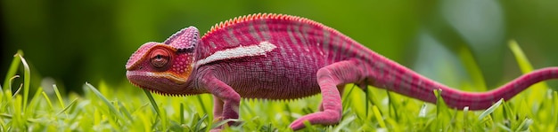 Pink chameleon in green grass Panorama