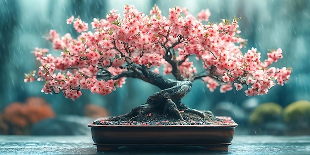 Pink Cherry Blossom Bonsai Tree in the Rain Realistic Image