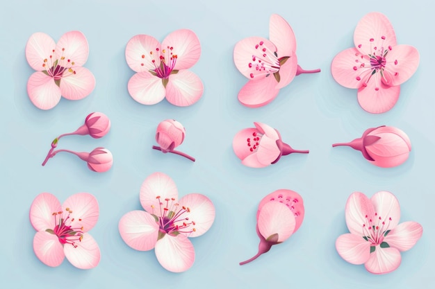 Pink cherry blossom element set on light blue background Including flower blossoms petals and bud