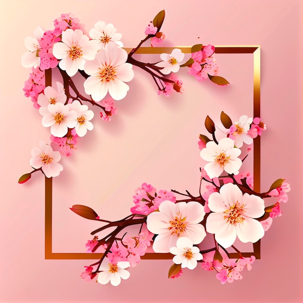 Pink cherry blossom sakura flowers background square frame composition