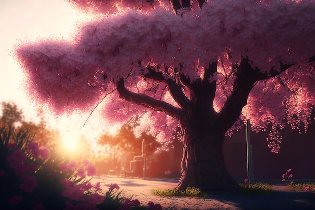 A pink cherry blossom tree in full bloom, set against a soft pink background,