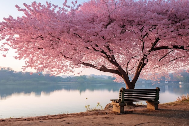 Pink cherry blossom tree next to the river and an empty bench