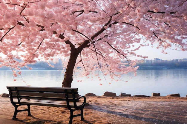 Pink cherry blossom tree next to the river and an empty bench