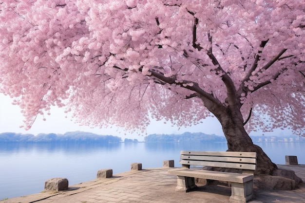 Pink cherry blossom tree next to the river and an empty bench