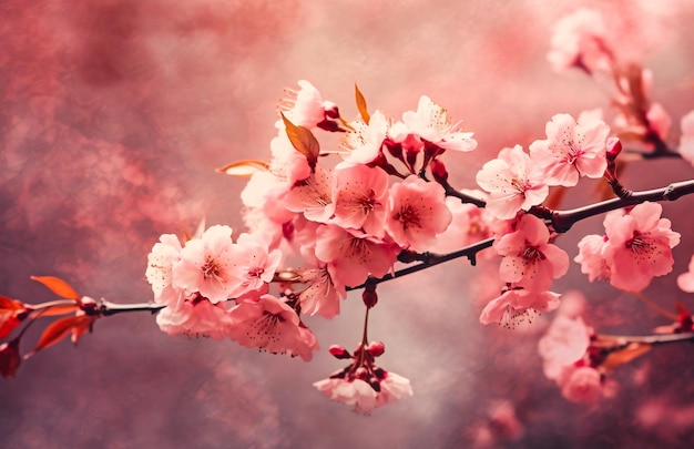 Pink cherry blossoms are on a branch