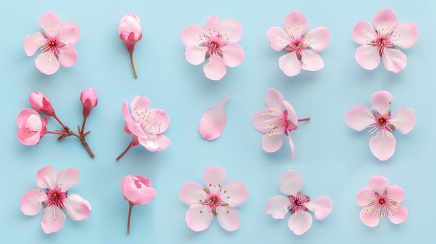 Photo pink cherry blossoms on blue background