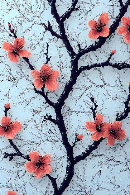 Pink Cherry Blossoms on a Blue and Black Tree Branch Pattern