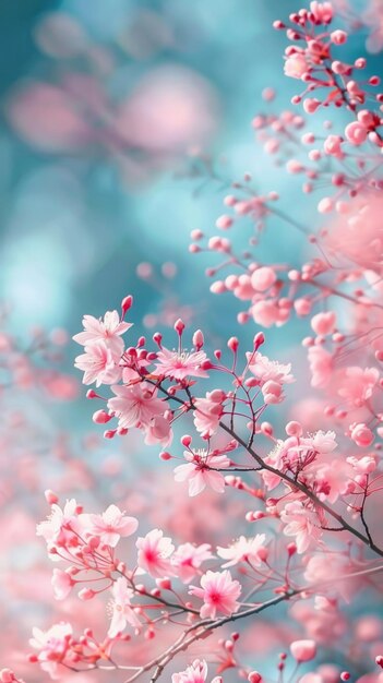 Pink cherry blossoms on a branch in bloom against a blue sky