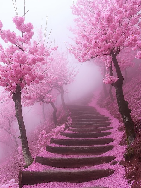 Photo pink cherry blossoms on a pink path in a pink fog