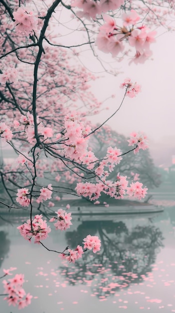 Pink cherry blossoms sway gently in a soft mist their reflection shimmering in the water