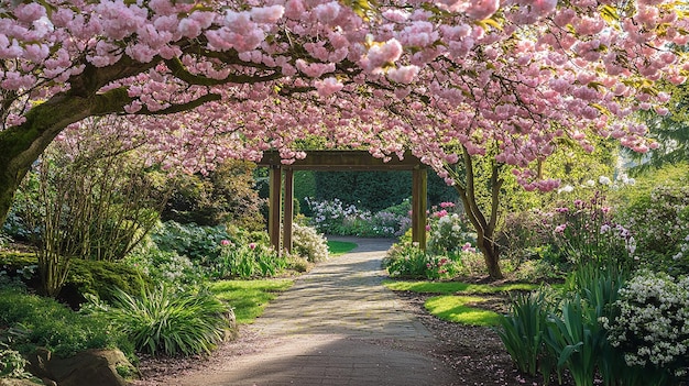 Photo pink cherry blossoms wooden gazebo blurred background