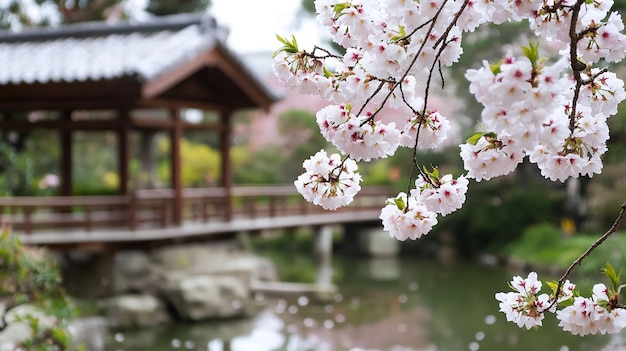 Photo pink cherry blossoms wooden gazebo blurred background