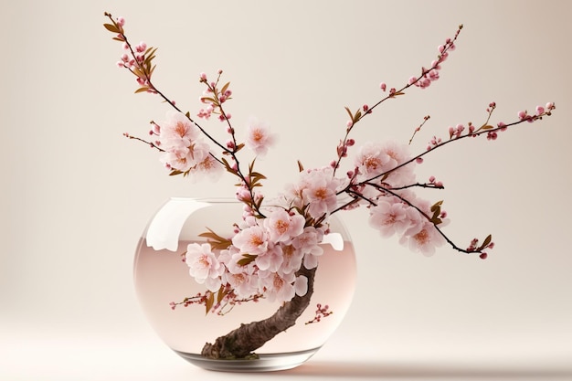 Pink cherry branch in bloom in a vase against a white background