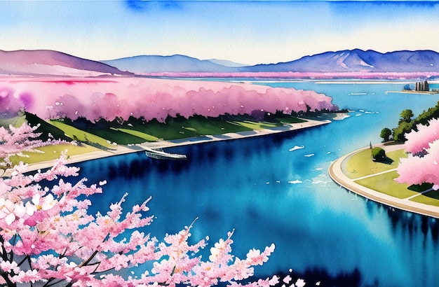 Pink cherry tree blossom flowers blooming in spring sakura easter time ai generated landscape for children book stories fairytales