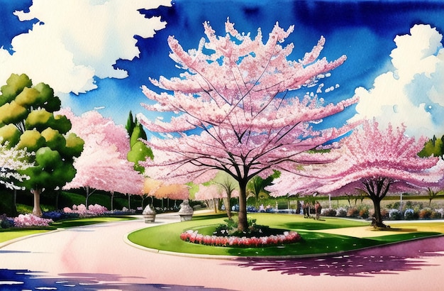 Pink cherry tree blossom flowers blooming in spring sakura easter time ai generated landscape for children book stories fairytales