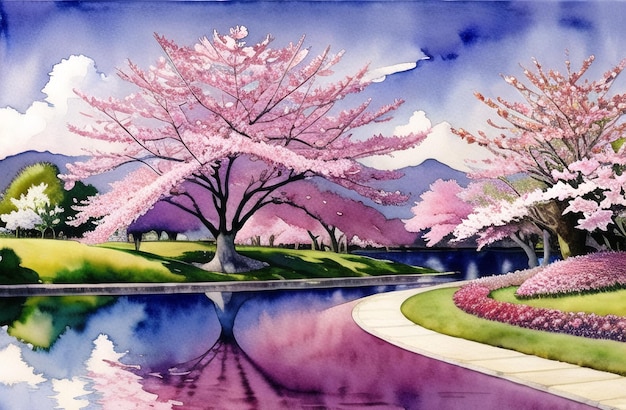 Pink cherry tree blossom flowers blooming in spring sakura easter time ai generated landscape for children book stories fairytales