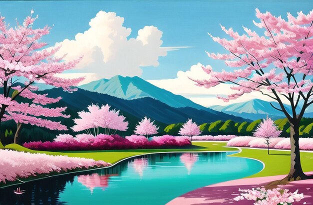 Pink cherry tree blossom flowers blooming in spring sakura easter time ai generated landscape