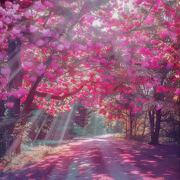 pink cherry trees lining a road vibrant style